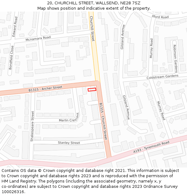 20, CHURCHILL STREET, WALLSEND, NE28 7SZ: Location map and indicative extent of plot
