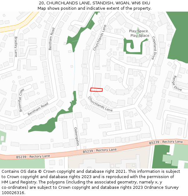 20, CHURCHLANDS LANE, STANDISH, WIGAN, WN6 0XU: Location map and indicative extent of plot