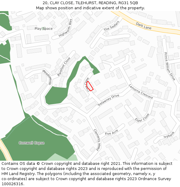 20, CLAY CLOSE, TILEHURST, READING, RG31 5QB: Location map and indicative extent of plot