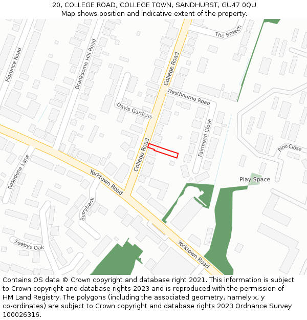 20, COLLEGE ROAD, COLLEGE TOWN, SANDHURST, GU47 0QU: Location map and indicative extent of plot