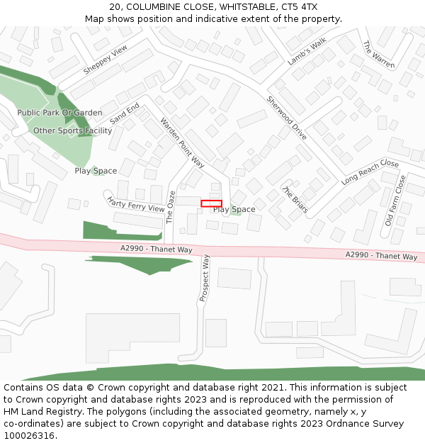 20, COLUMBINE CLOSE, WHITSTABLE, CT5 4TX: Location map and indicative extent of plot