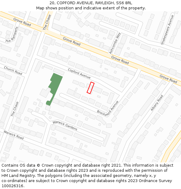20, COPFORD AVENUE, RAYLEIGH, SS6 8RL: Location map and indicative extent of plot