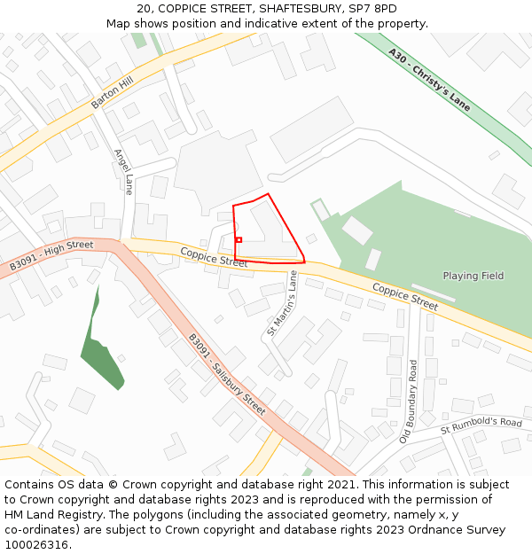 20, COPPICE STREET, SHAFTESBURY, SP7 8PD: Location map and indicative extent of plot