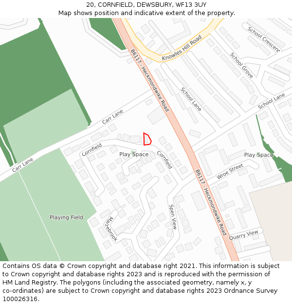 20, CORNFIELD, DEWSBURY, WF13 3UY: Location map and indicative extent of plot