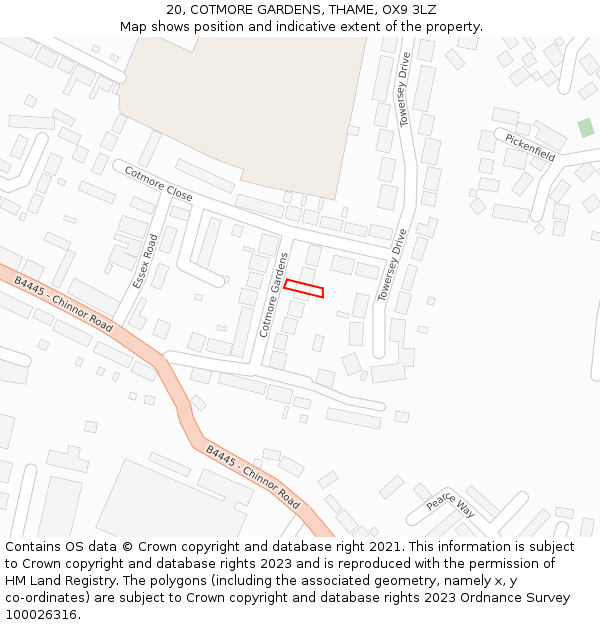 20, COTMORE GARDENS, THAME, OX9 3LZ: Location map and indicative extent of plot