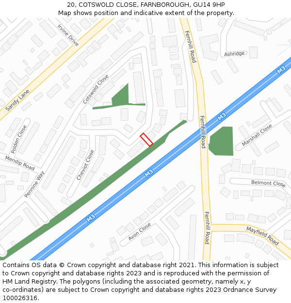20, COTSWOLD CLOSE, FARNBOROUGH, GU14 9HP: Location map and indicative extent of plot