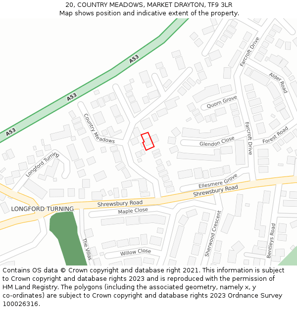 20, COUNTRY MEADOWS, MARKET DRAYTON, TF9 3LR: Location map and indicative extent of plot