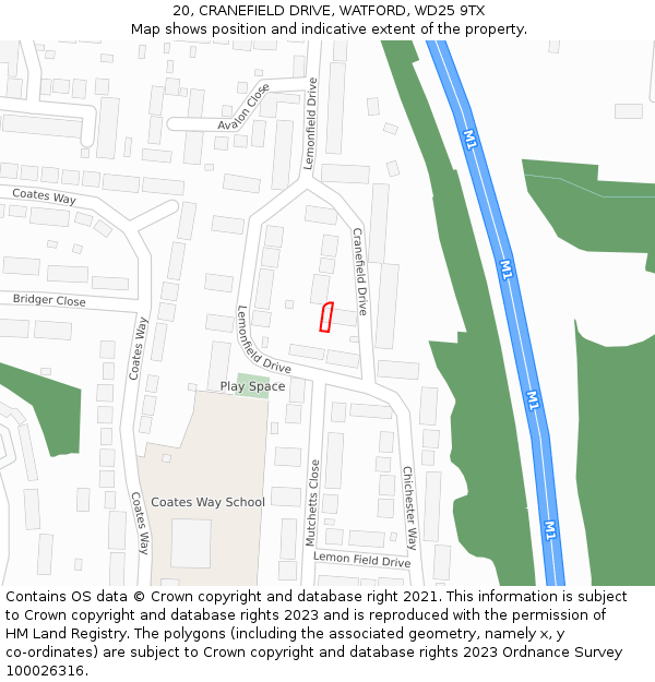 20, CRANEFIELD DRIVE, WATFORD, WD25 9TX: Location map and indicative extent of plot