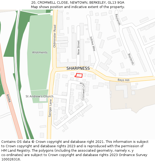 20, CROMWELL CLOSE, NEWTOWN, BERKELEY, GL13 9GA: Location map and indicative extent of plot