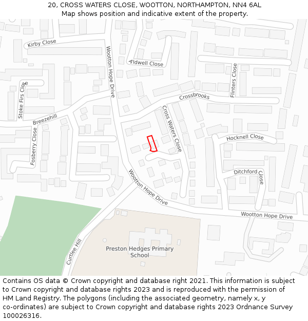 20, CROSS WATERS CLOSE, WOOTTON, NORTHAMPTON, NN4 6AL: Location map and indicative extent of plot