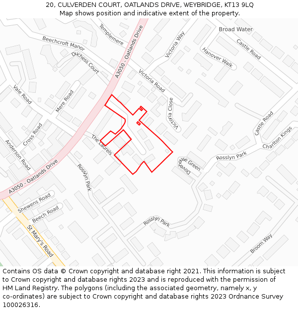 20, CULVERDEN COURT, OATLANDS DRIVE, WEYBRIDGE, KT13 9LQ: Location map and indicative extent of plot