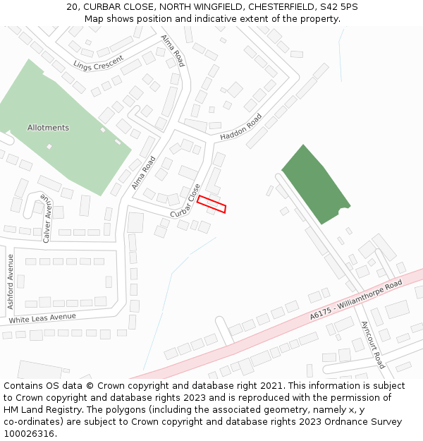 20, CURBAR CLOSE, NORTH WINGFIELD, CHESTERFIELD, S42 5PS: Location map and indicative extent of plot