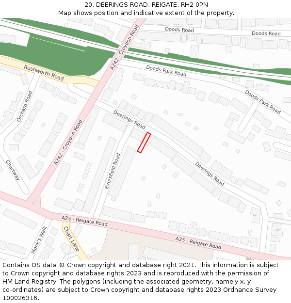 20, DEERINGS ROAD, REIGATE, RH2 0PN: Location map and indicative extent of plot