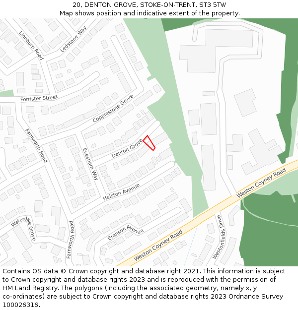 20, DENTON GROVE, STOKE-ON-TRENT, ST3 5TW: Location map and indicative extent of plot