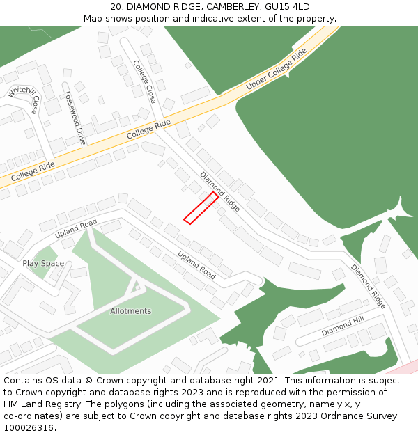 20, DIAMOND RIDGE, CAMBERLEY, GU15 4LD: Location map and indicative extent of plot