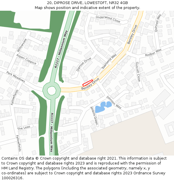 20, DIPROSE DRIVE, LOWESTOFT, NR32 4GB: Location map and indicative extent of plot