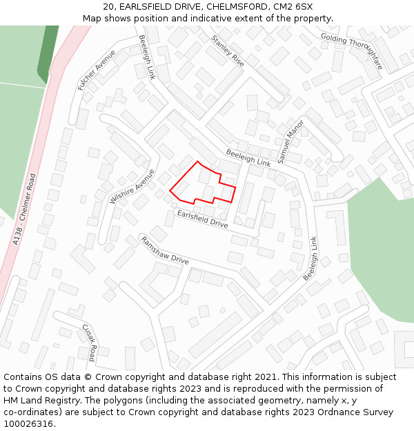 20, EARLSFIELD DRIVE, CHELMSFORD, CM2 6SX: Location map and indicative extent of plot