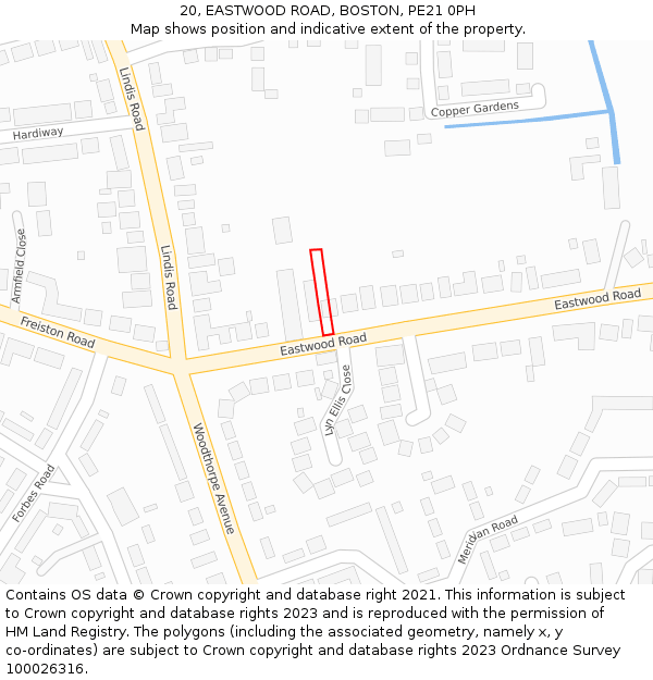 20, EASTWOOD ROAD, BOSTON, PE21 0PH: Location map and indicative extent of plot