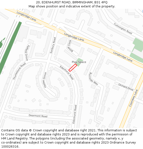 20, EDENHURST ROAD, BIRMINGHAM, B31 4PQ: Location map and indicative extent of plot