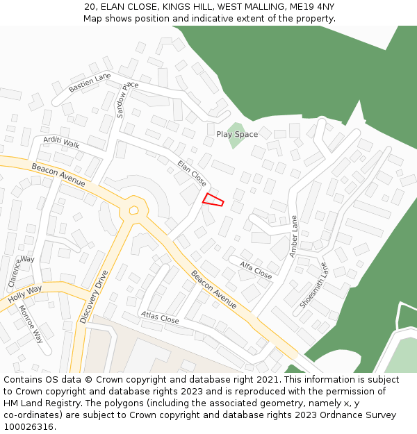 20, ELAN CLOSE, KINGS HILL, WEST MALLING, ME19 4NY: Location map and indicative extent of plot