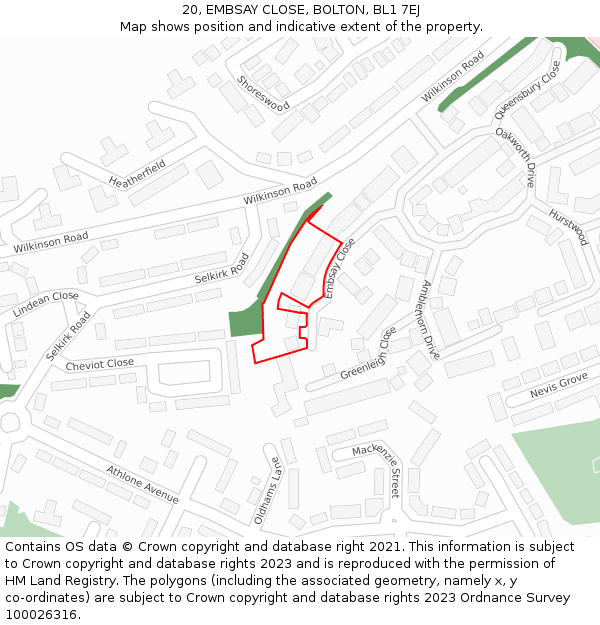 20, EMBSAY CLOSE, BOLTON, BL1 7EJ: Location map and indicative extent of plot
