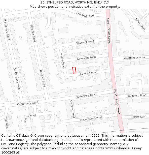 20, ETHELRED ROAD, WORTHING, BN14 7LY: Location map and indicative extent of plot