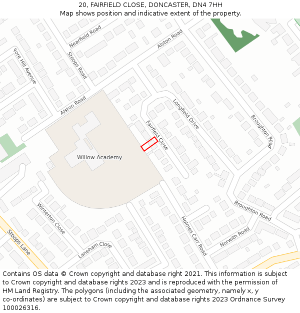 20, FAIRFIELD CLOSE, DONCASTER, DN4 7HH: Location map and indicative extent of plot