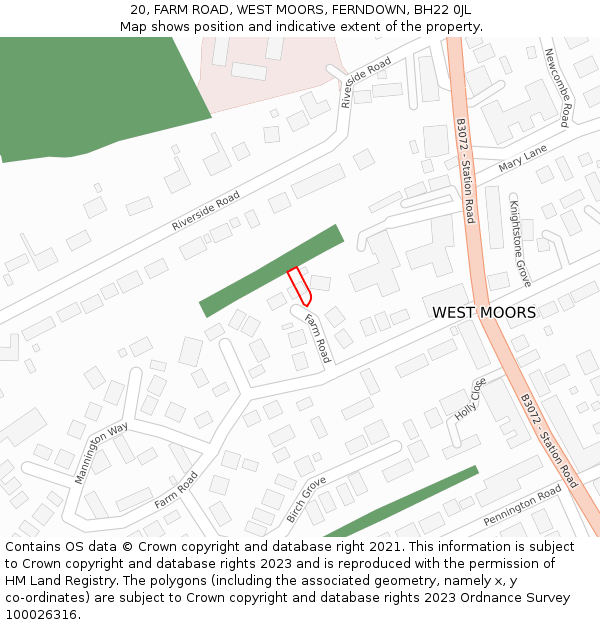 20, FARM ROAD, WEST MOORS, FERNDOWN, BH22 0JL: Location map and indicative extent of plot