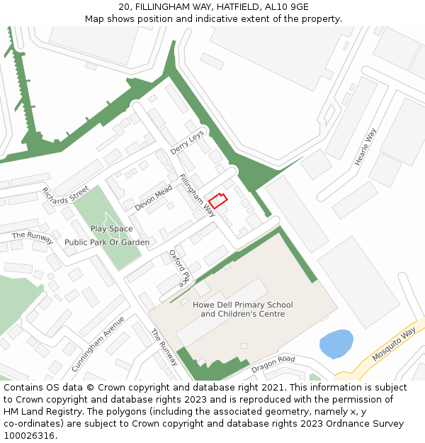 20, FILLINGHAM WAY, HATFIELD, AL10 9GE: Location map and indicative extent of plot