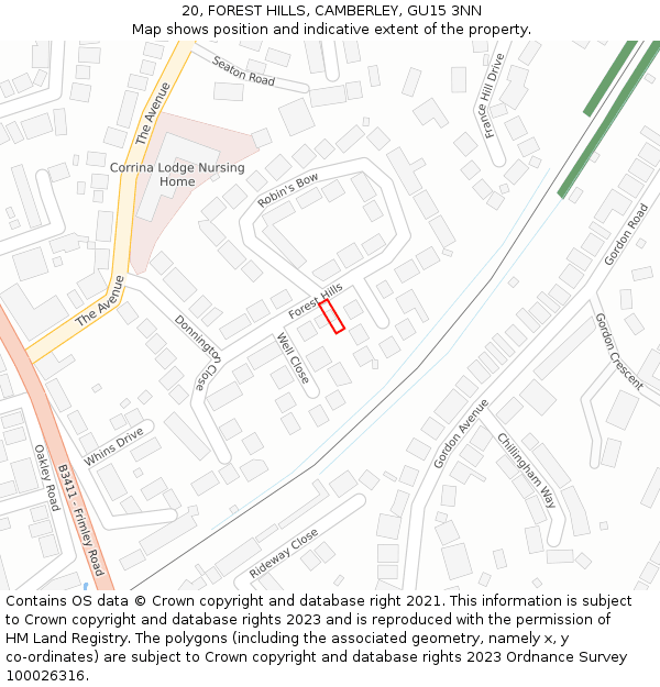 20, FOREST HILLS, CAMBERLEY, GU15 3NN: Location map and indicative extent of plot
