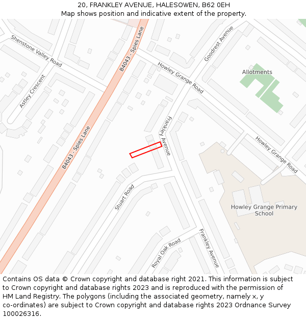 20, FRANKLEY AVENUE, HALESOWEN, B62 0EH: Location map and indicative extent of plot