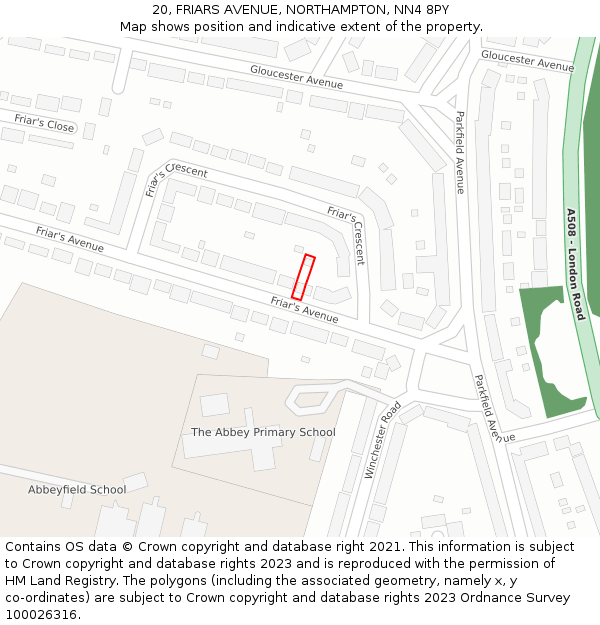 20, FRIARS AVENUE, NORTHAMPTON, NN4 8PY: Location map and indicative extent of plot