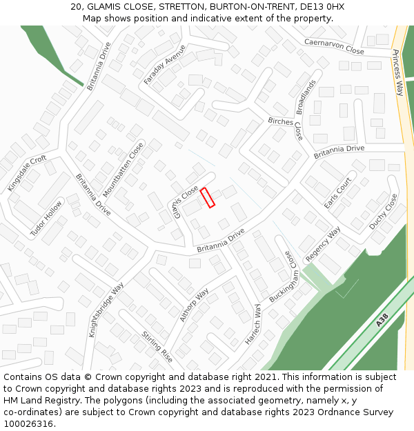 20, GLAMIS CLOSE, STRETTON, BURTON-ON-TRENT, DE13 0HX: Location map and indicative extent of plot