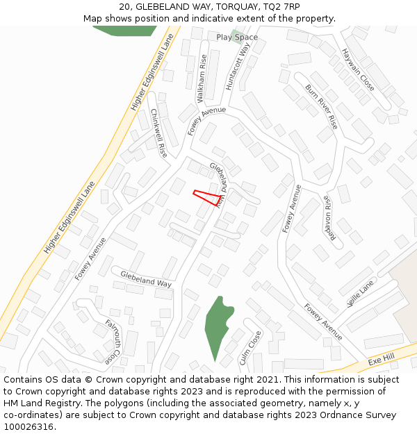 20, GLEBELAND WAY, TORQUAY, TQ2 7RP: Location map and indicative extent of plot