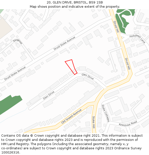 20, GLEN DRIVE, BRISTOL, BS9 1SB: Location map and indicative extent of plot
