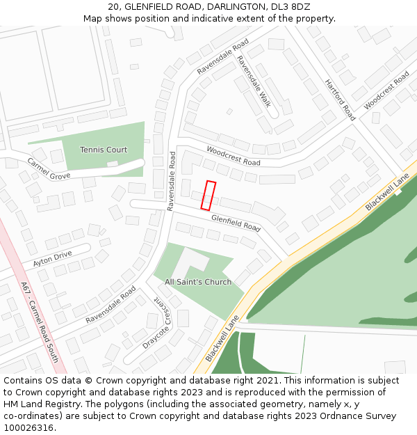20, GLENFIELD ROAD, DARLINGTON, DL3 8DZ: Location map and indicative extent of plot