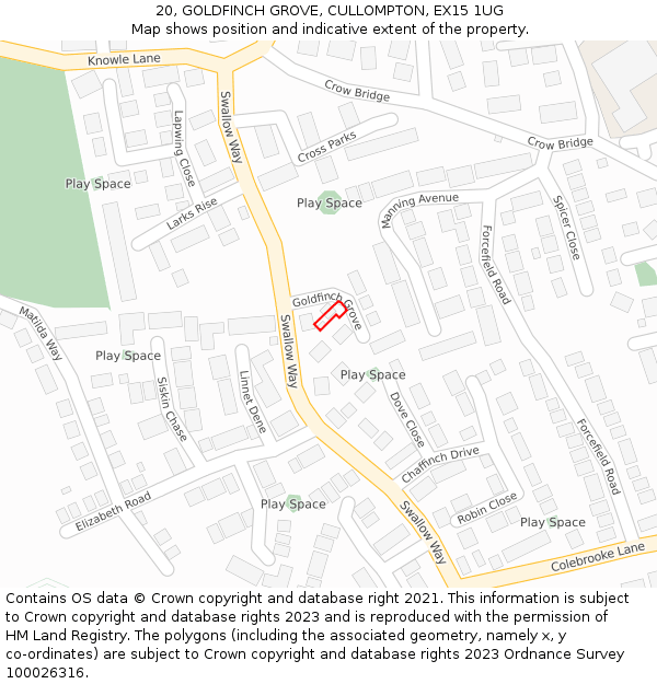 20, GOLDFINCH GROVE, CULLOMPTON, EX15 1UG: Location map and indicative extent of plot