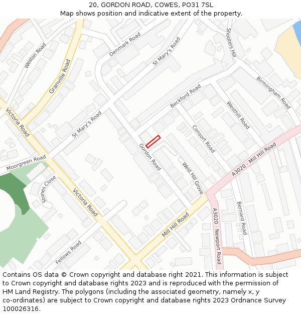 20, GORDON ROAD, COWES, PO31 7SL: Location map and indicative extent of plot