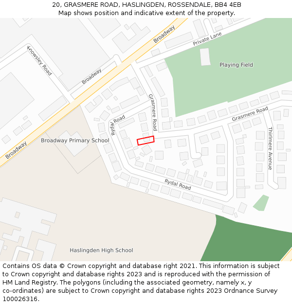 20, GRASMERE ROAD, HASLINGDEN, ROSSENDALE, BB4 4EB: Location map and indicative extent of plot