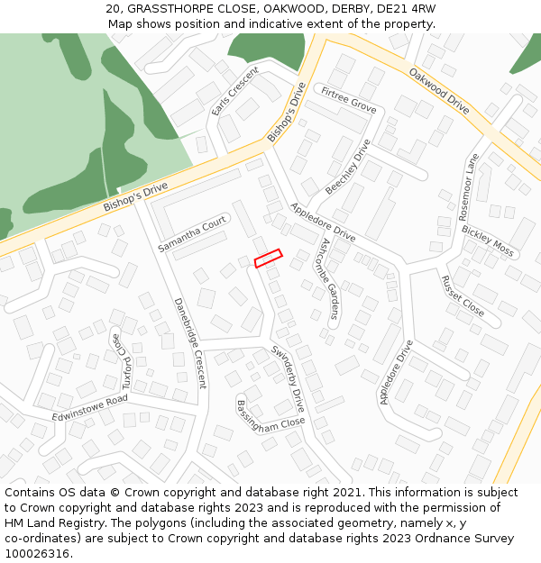 20, GRASSTHORPE CLOSE, OAKWOOD, DERBY, DE21 4RW: Location map and indicative extent of plot