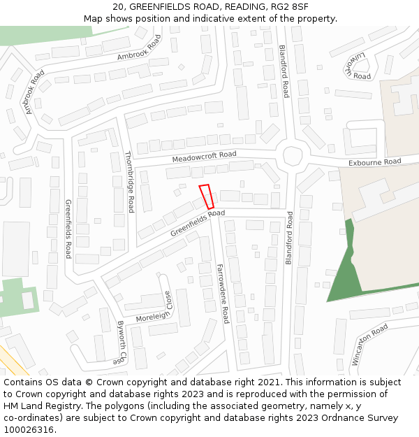 20, GREENFIELDS ROAD, READING, RG2 8SF: Location map and indicative extent of plot