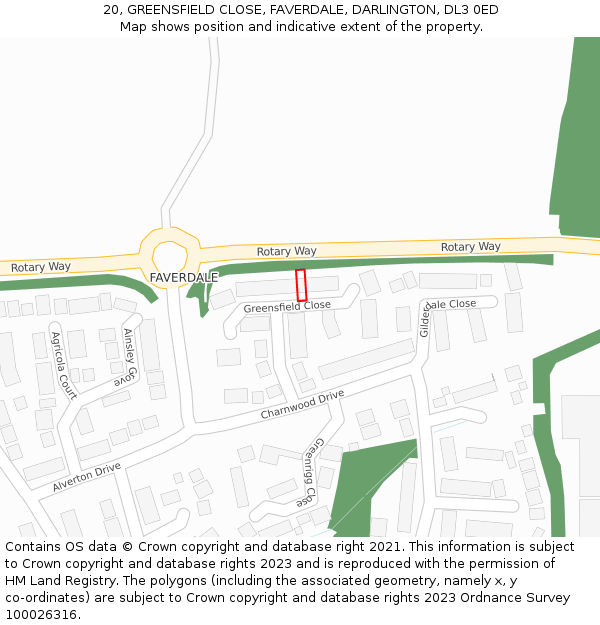 20, GREENSFIELD CLOSE, FAVERDALE, DARLINGTON, DL3 0ED: Location map and indicative extent of plot