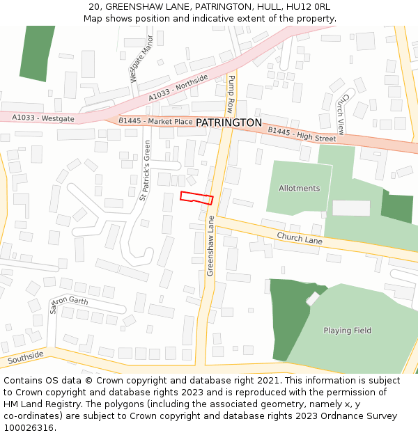 20, GREENSHAW LANE, PATRINGTON, HULL, HU12 0RL: Location map and indicative extent of plot