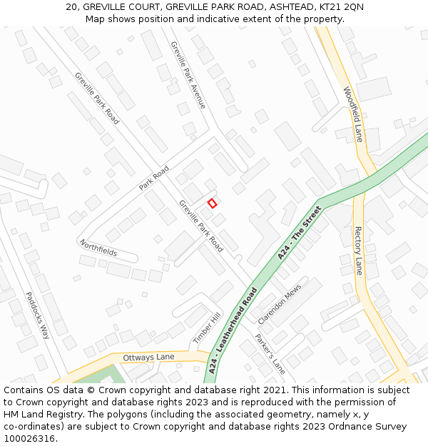 20, GREVILLE COURT, GREVILLE PARK ROAD, ASHTEAD, KT21 2QN: Location map and indicative extent of plot