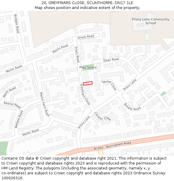 20, GREYFRIARS CLOSE, SCUNTHORPE, DN17 1LE: Location map and indicative extent of plot
