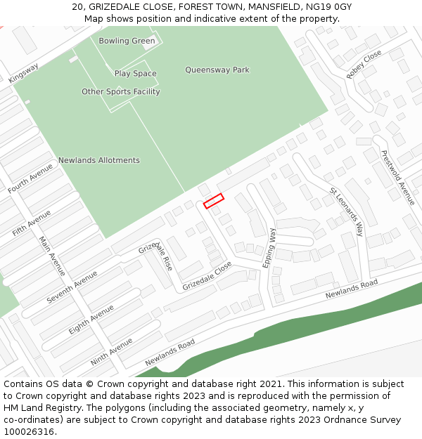 20, GRIZEDALE CLOSE, FOREST TOWN, MANSFIELD, NG19 0GY: Location map and indicative extent of plot