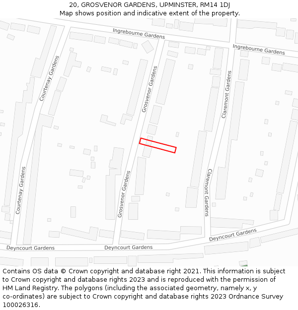 20, GROSVENOR GARDENS, UPMINSTER, RM14 1DJ: Location map and indicative extent of plot