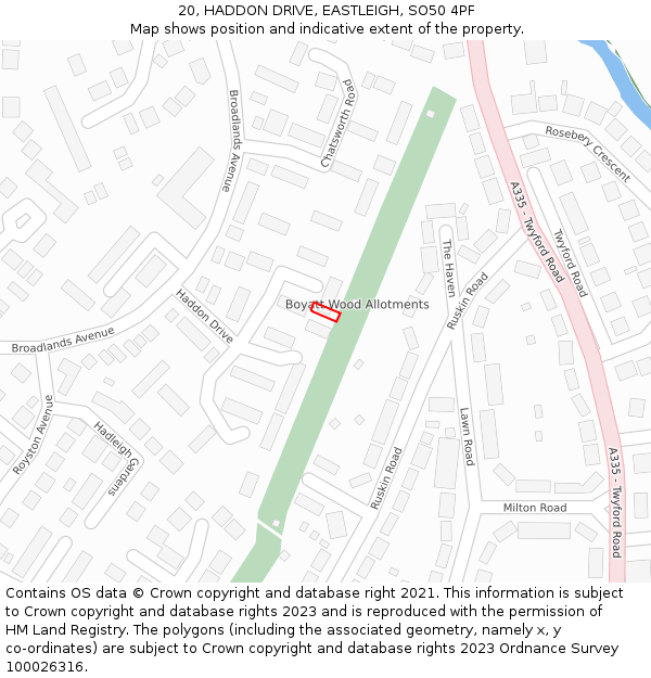 20, HADDON DRIVE, EASTLEIGH, SO50 4PF: Location map and indicative extent of plot