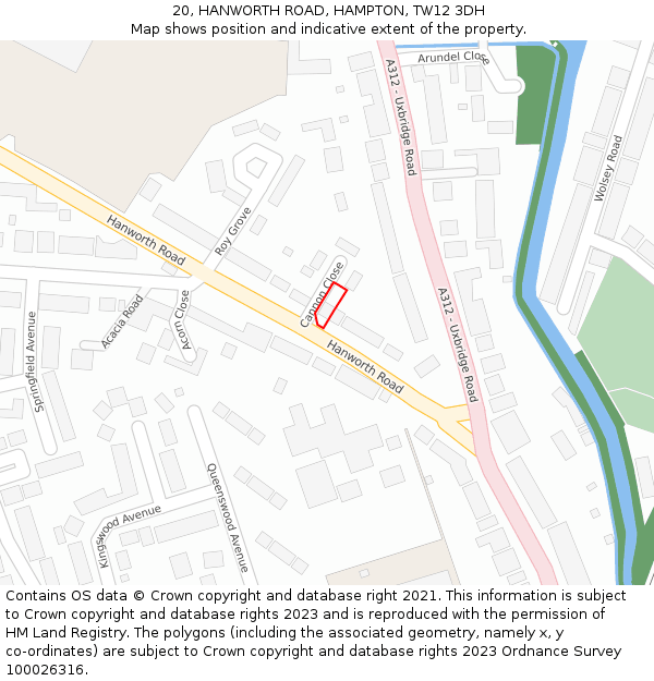 20, HANWORTH ROAD, HAMPTON, TW12 3DH: Location map and indicative extent of plot
