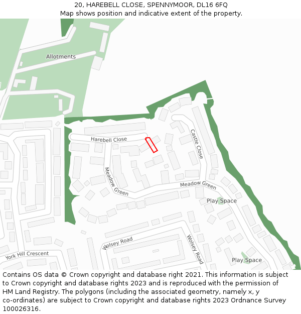 20, HAREBELL CLOSE, SPENNYMOOR, DL16 6FQ: Location map and indicative extent of plot
